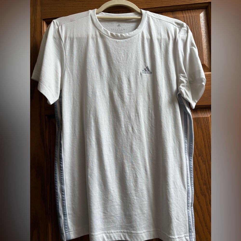 Adidas Women’s White Short Sleeve Tee with Grey Pin Stripes